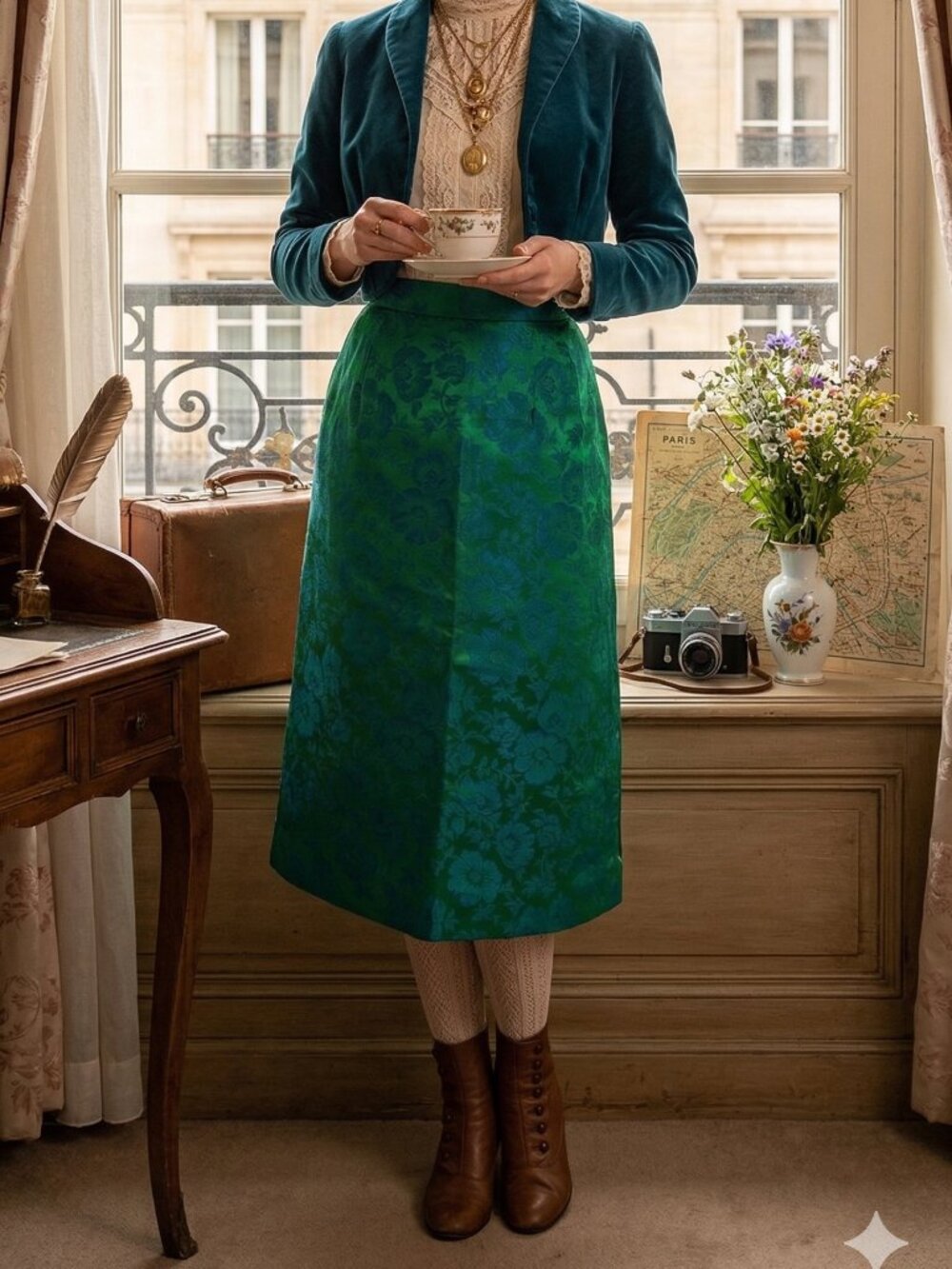 Vintage Pencil Midi Skirt Damask Womens Medium Large Union Made‎ 60s